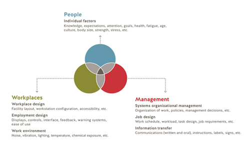 Diagram showing elements and interactions of a workplace system from an ergonomics perspective.